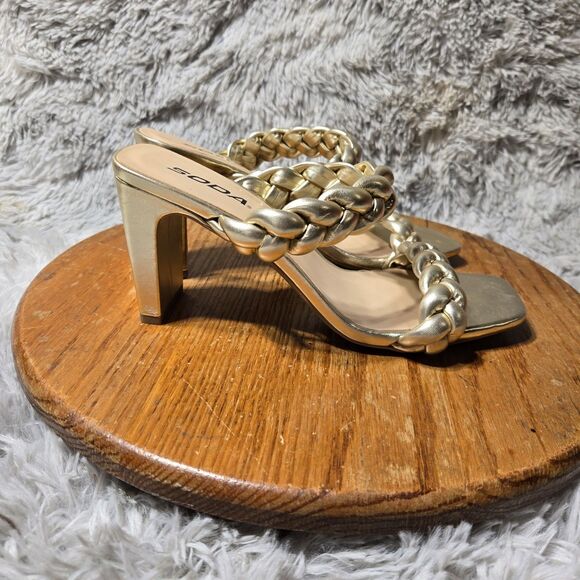 SODA Retro Y2K Womens Size 7.5 Basil Heels Metalic Gold Braided Straps Sandals - Picture 2 of 7